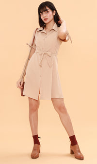 PEYTON Belted Button-Down Dress (Latte)