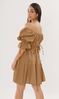 MADILYN Tiered Tie Puff-Sleeve Dress (Latte Brown)