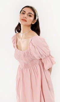 REYA Smocked Puff-Sleeve Linen Dress (Blush)