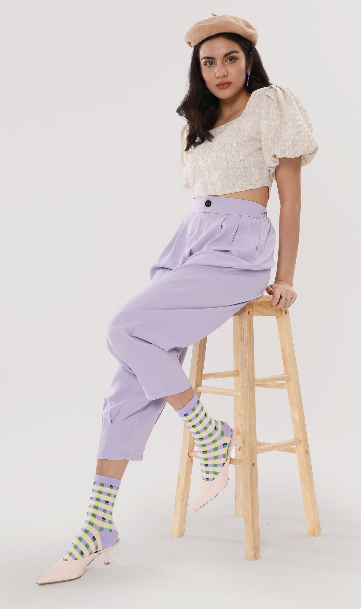 SASHA Tweed Puff-Sleeve Crop Top (Oat)