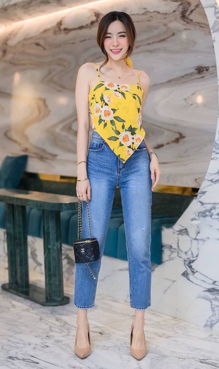 ZAYLEE Tie-Back Floral Cami w/ Scarf (Yellow)