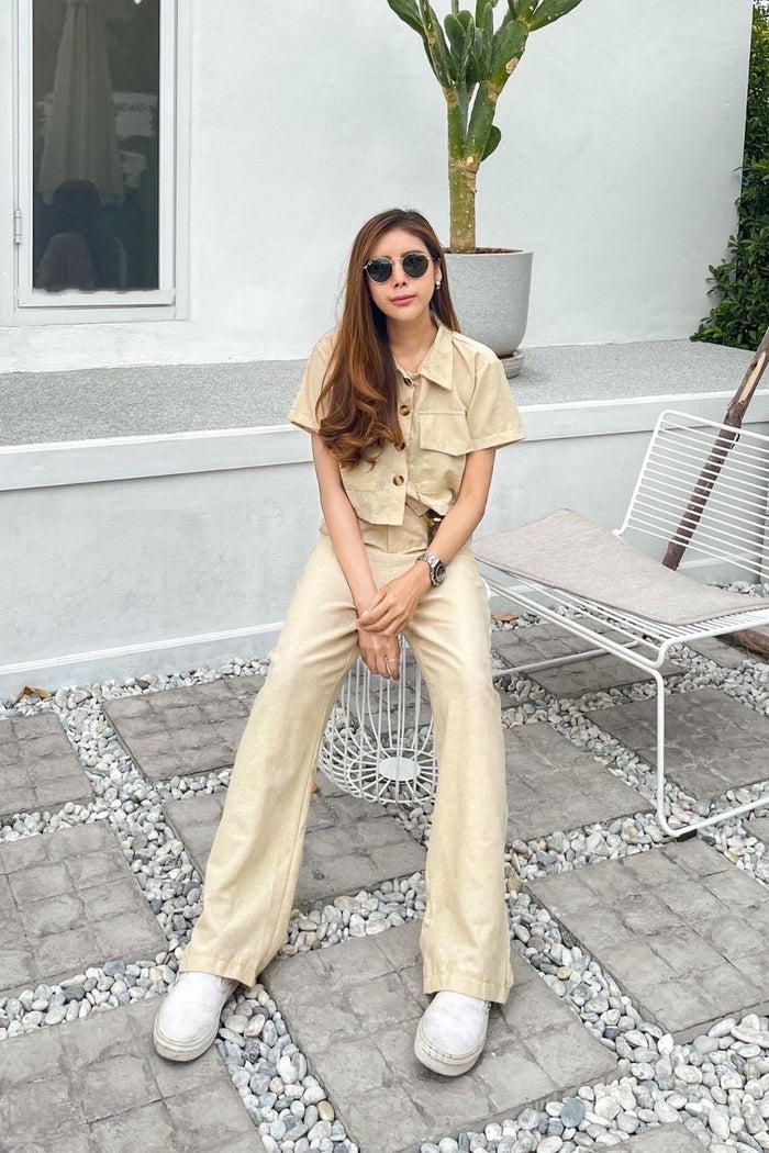 LILLIAN Linen Button-down Top & Pants Co-ord (Cream)
