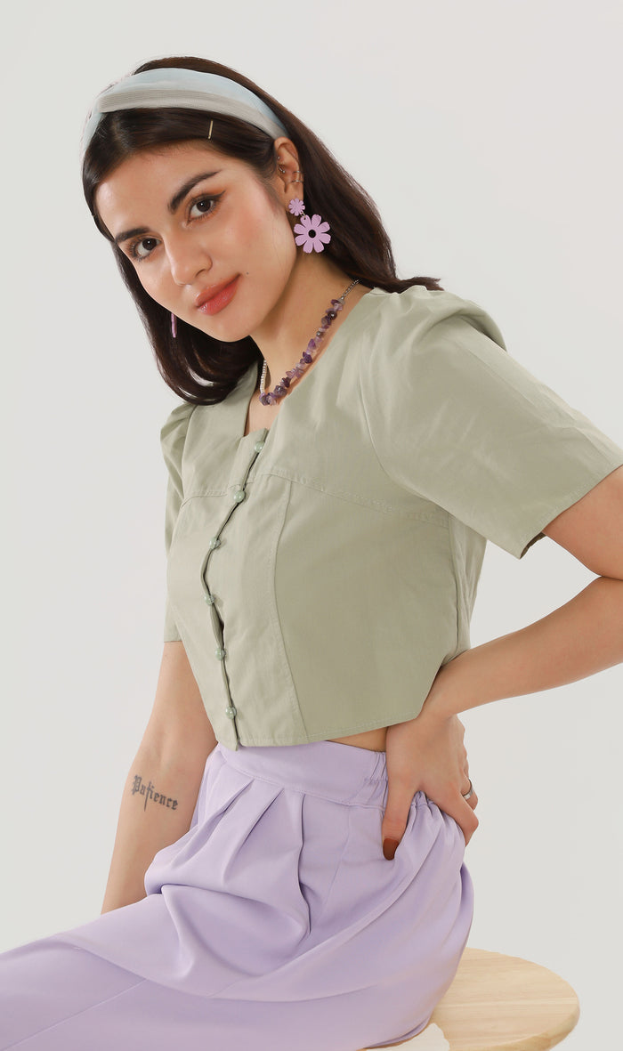 CHANTAL Buttoned Square-Neck Top (Avocado)