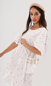 YANA Floral-Print Puff-Sleeve Babydoll Dress w/ Bag (White)