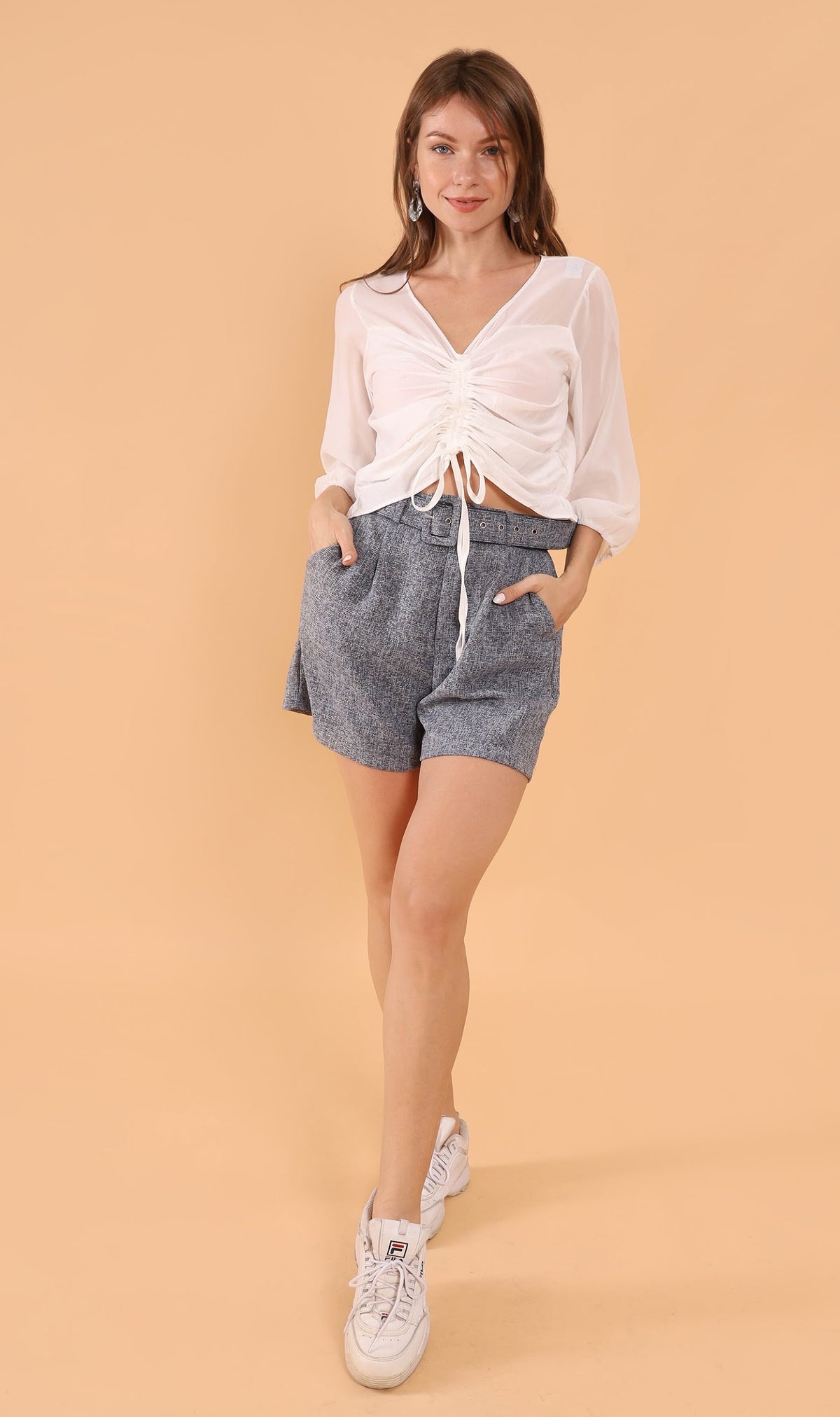 CARLI Ruched Sheer Top (White)