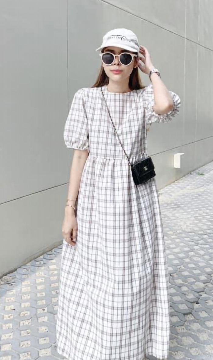 HAISLEY Puff-Sleeve Plaid Maxi Dress (Off White)