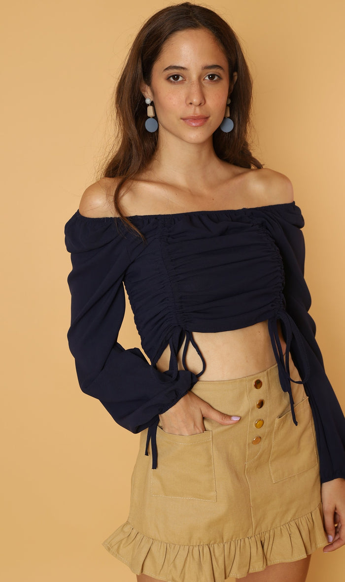 KIRA Ruched Off-Shoulder Top (Navy Blue)