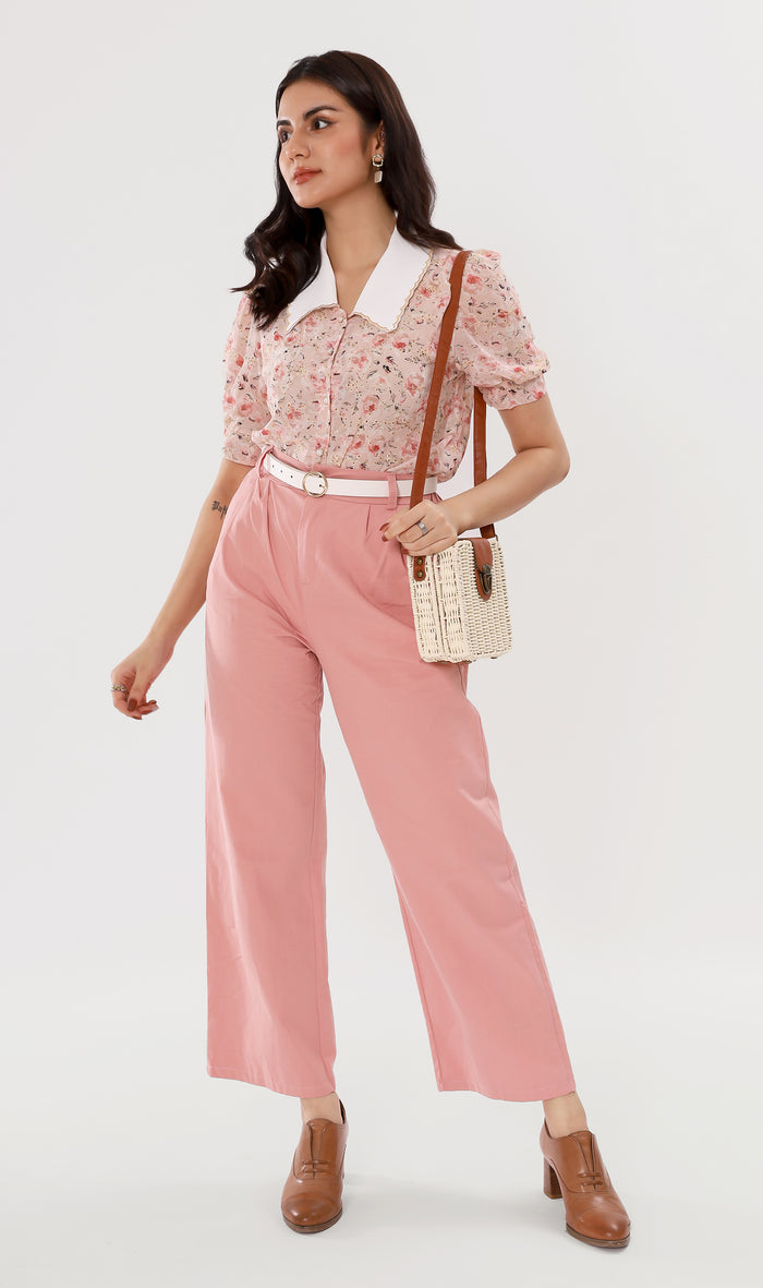 FARRAH Vintage-Collar Chiffon Button-Down (Blush)