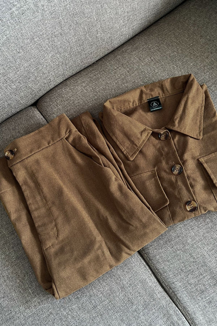 LILLIAN Linen Button-down Top & Pants Co-ord (Toffee Brown)