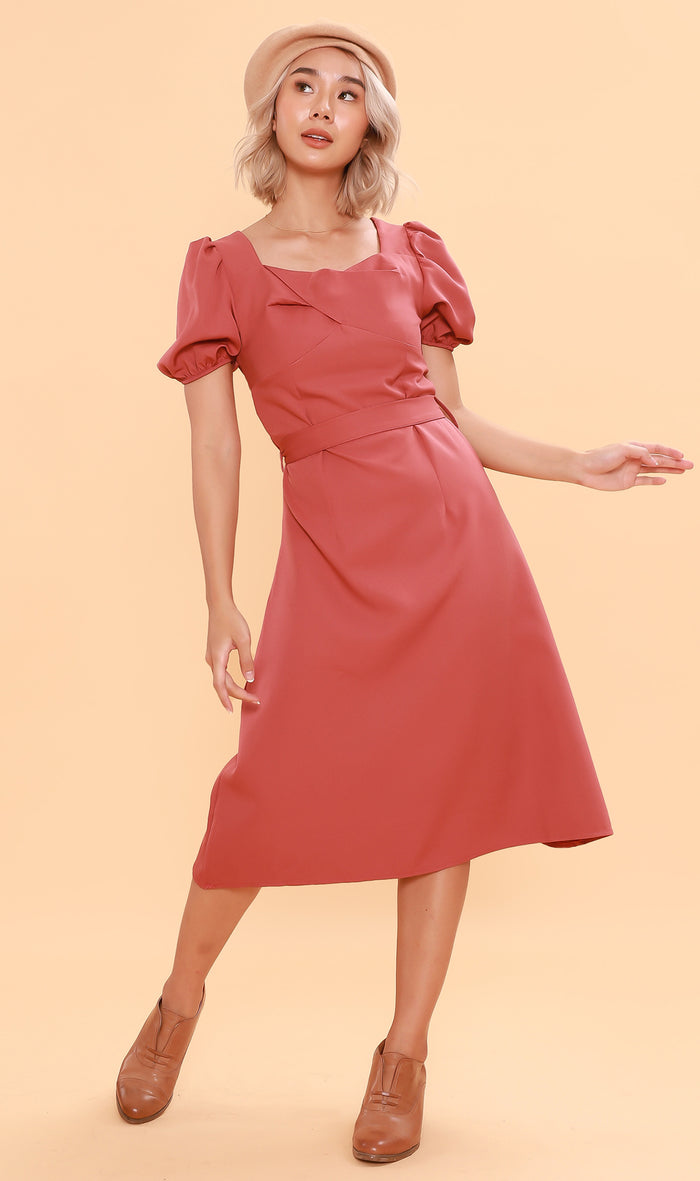 DAPH Puff-Sleeve Midi Dress (Dusty Rose)