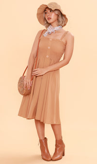 GENEVIEVE Smocked Midi Dress (Latte Brown)