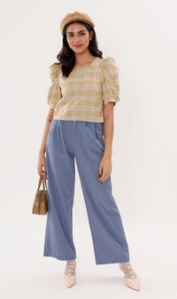 MARLA Plaid Puff-Sleeve 2-way Top (Yellow)