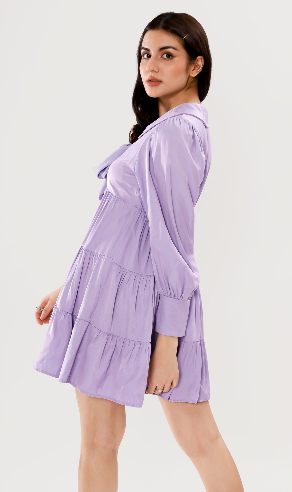 ARMELLE Ribboned Long-Sleeve Tiered Dress (Lilac)