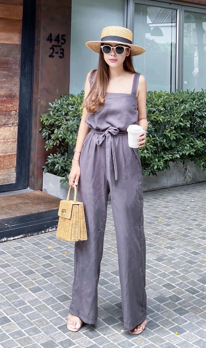 KHARI Linen Tie-Waist Jumpsuit (Deep Grey)