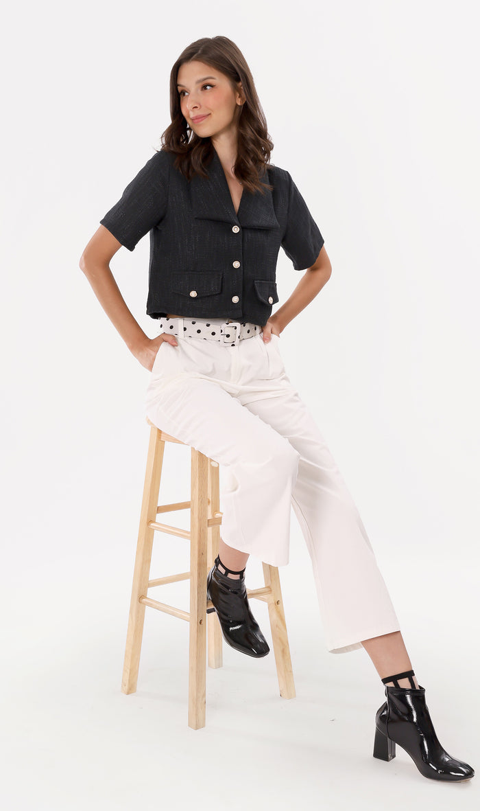 DIONNE Wide-Collar Tweed Blazer Top (Black)
