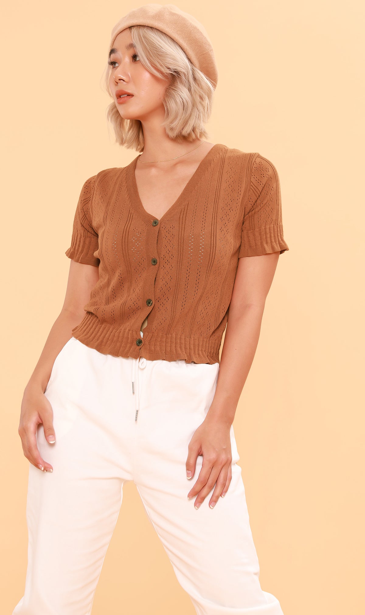 CAMILLE Button-Down Eyelet Cardi (Mocha)
