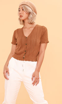 CAMILLE Button-Down Eyelet Cardi (Mocha)