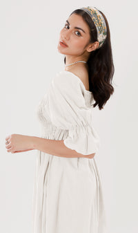 REYA Smocked Puff-Sleeve Linen Dress (White)