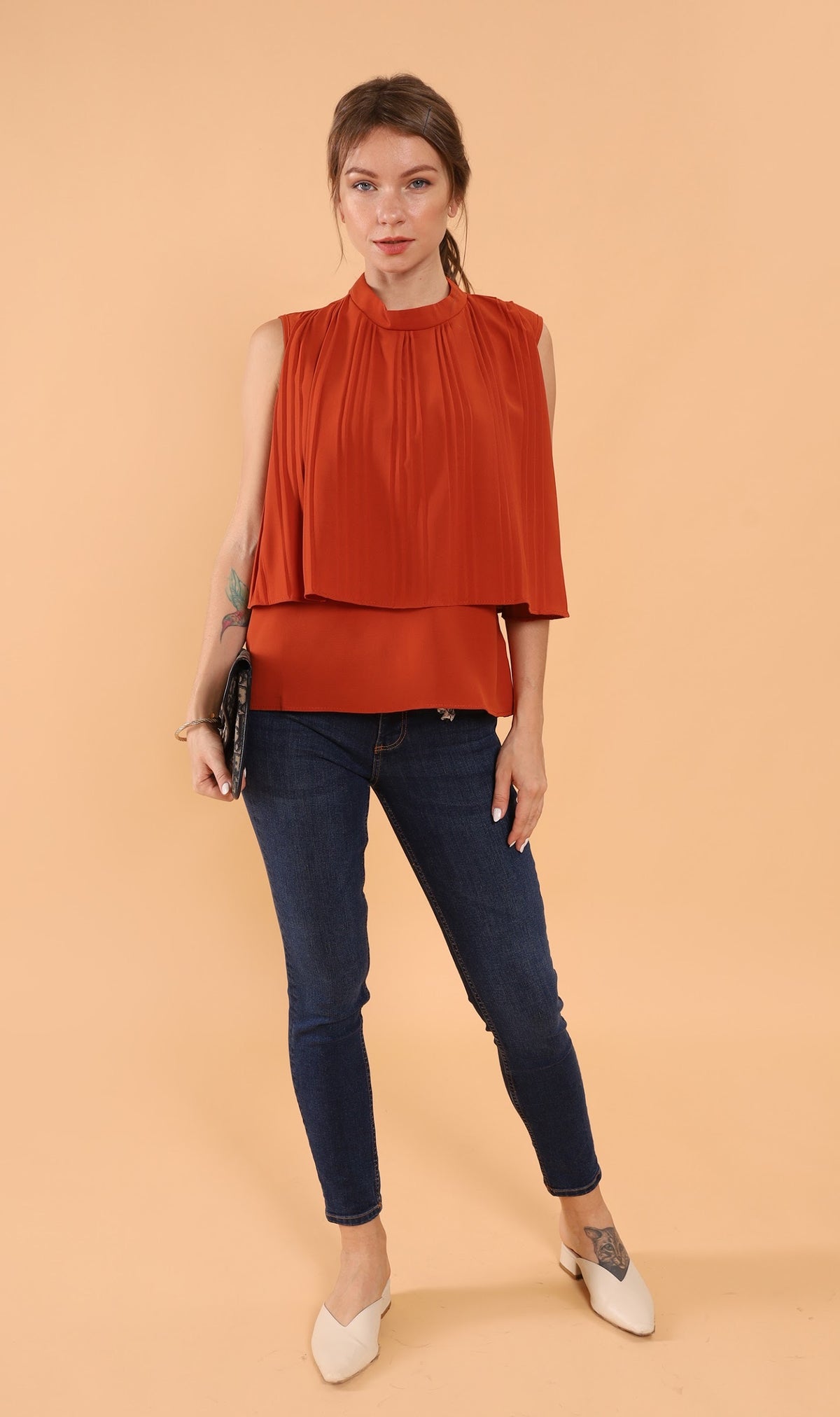 GEMMA Pleated Mock-Neck Top (Rust)
