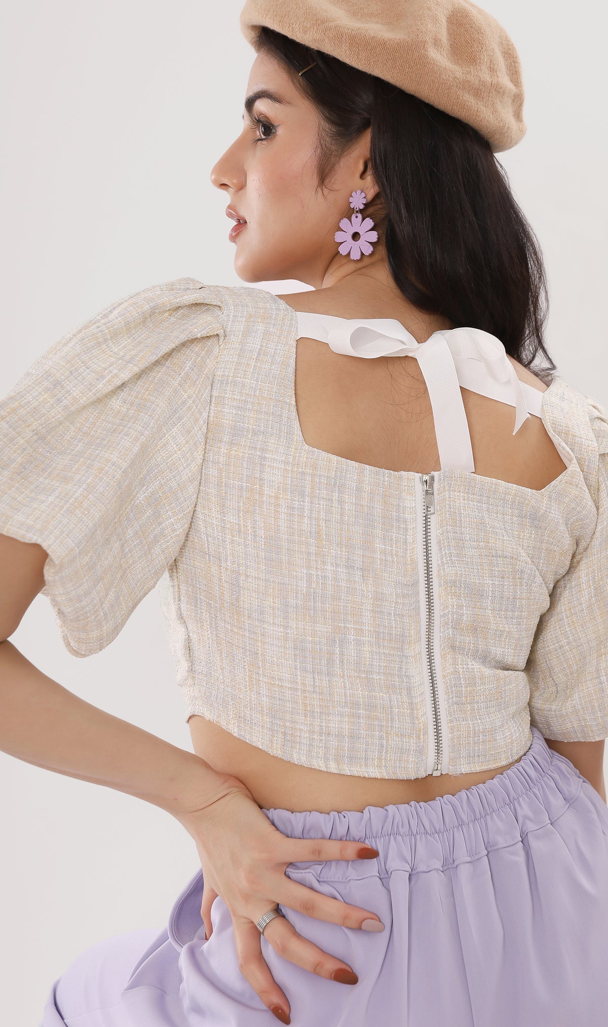 SASHA Tweed Puff-Sleeve Crop Top (Oat)