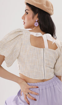 SASHA Tweed Puff-Sleeve Crop Top (Oat)
