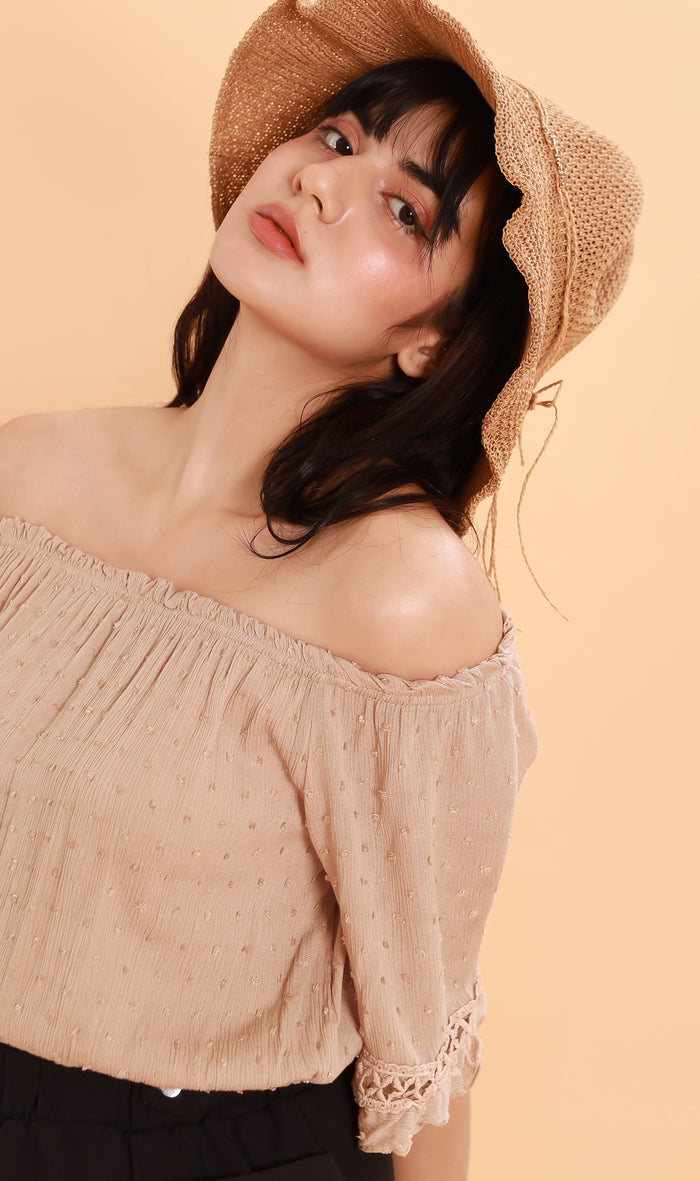 JULIEN Flared-Sleeve Off-Shoulder Top (Nude)