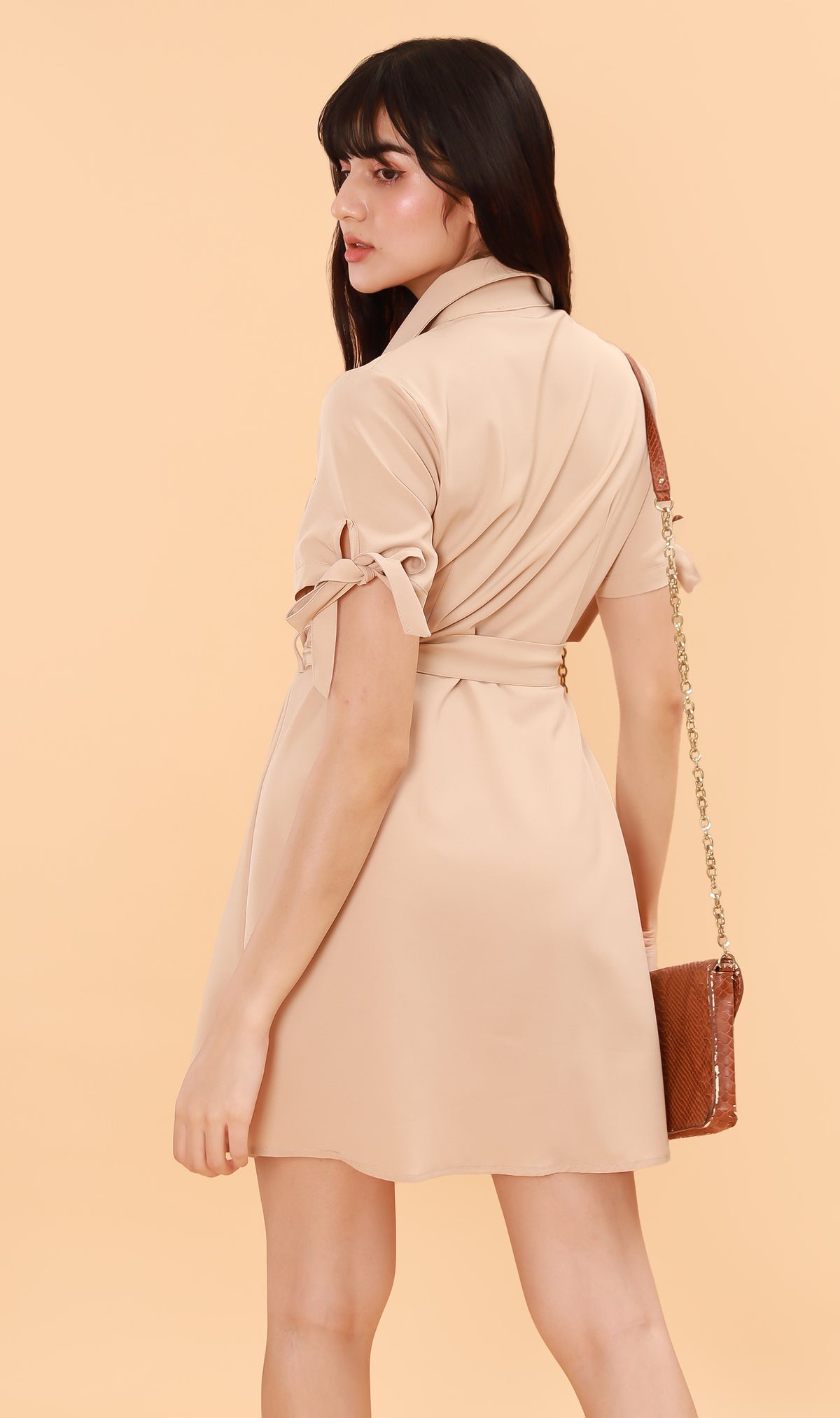PEYTON Belted Button-Down Dress (Latte)