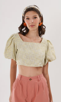 SASHA Tweed Puff-Sleeve Crop Top (Yellow)