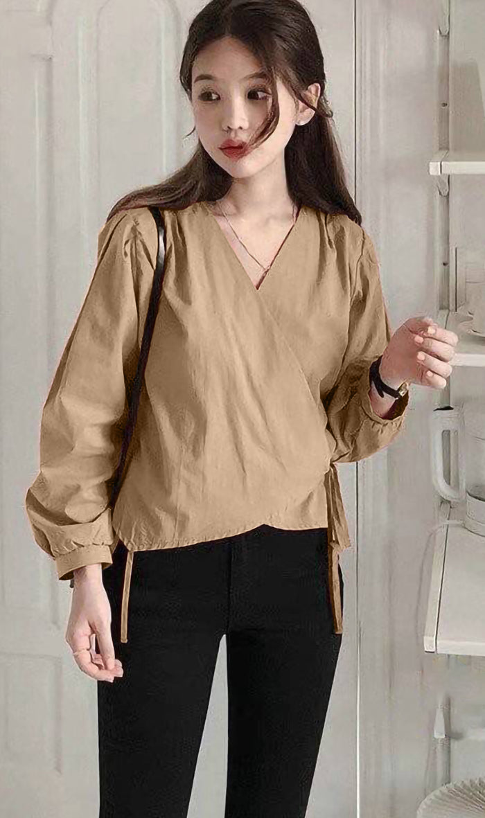 DESI Wrap-Front Long-Sleeve Top (Latte)