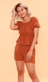 JENNIE Puff-Sleeve Peplum Co-ord (Rust)