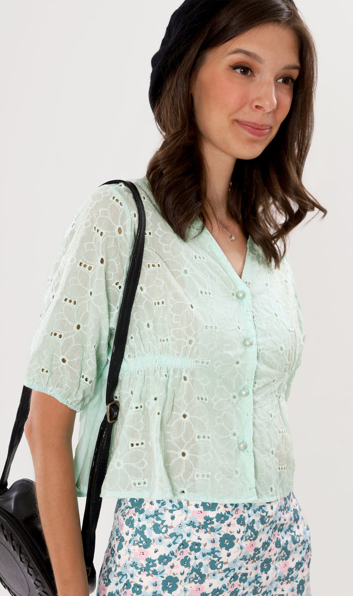 MICAELA Buttoned Eyelet Peplum Top (Mint)