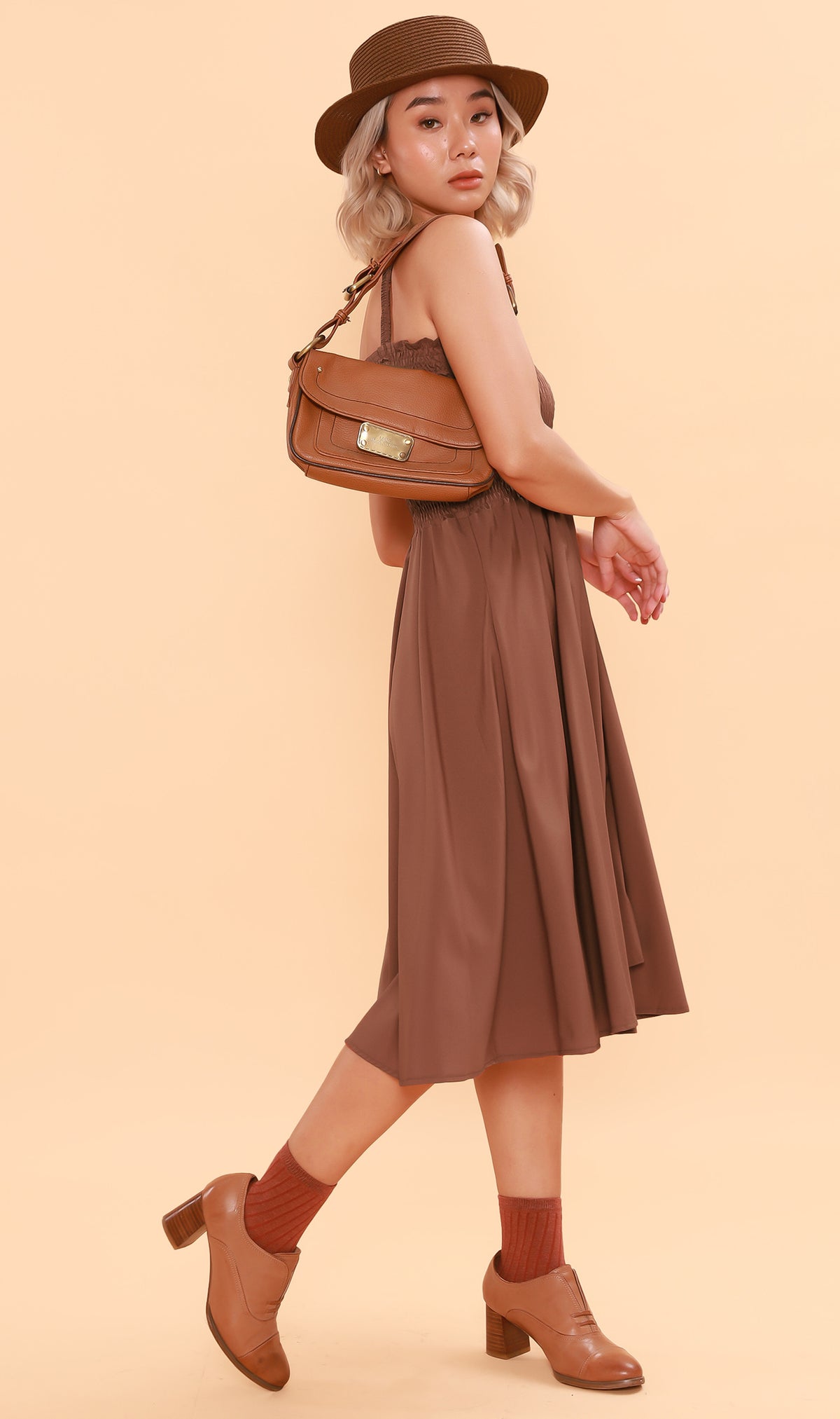 GENEVIEVE Smocked Midi Dress (Chocolate)