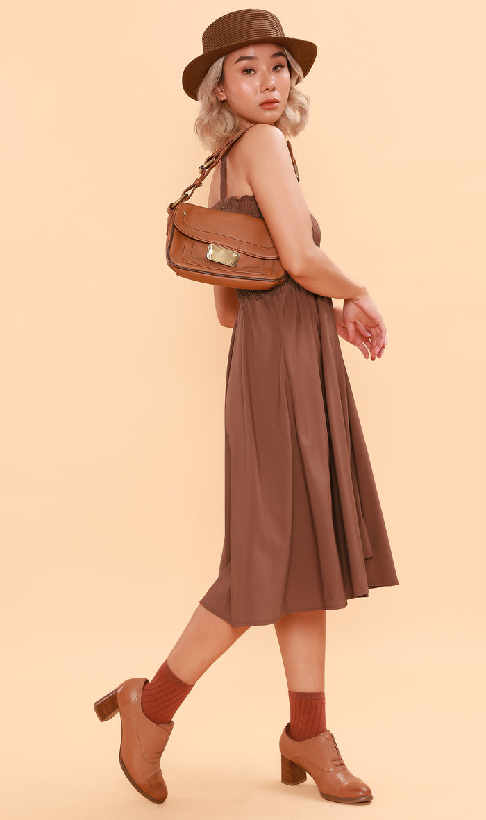 GENEVIEVE Smocked Midi Dress (Chocolate)