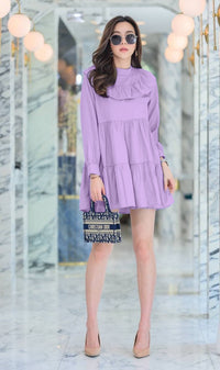 IMOGEN Bib-Collar Long-Sleeve Tiered Dress (Lilac)