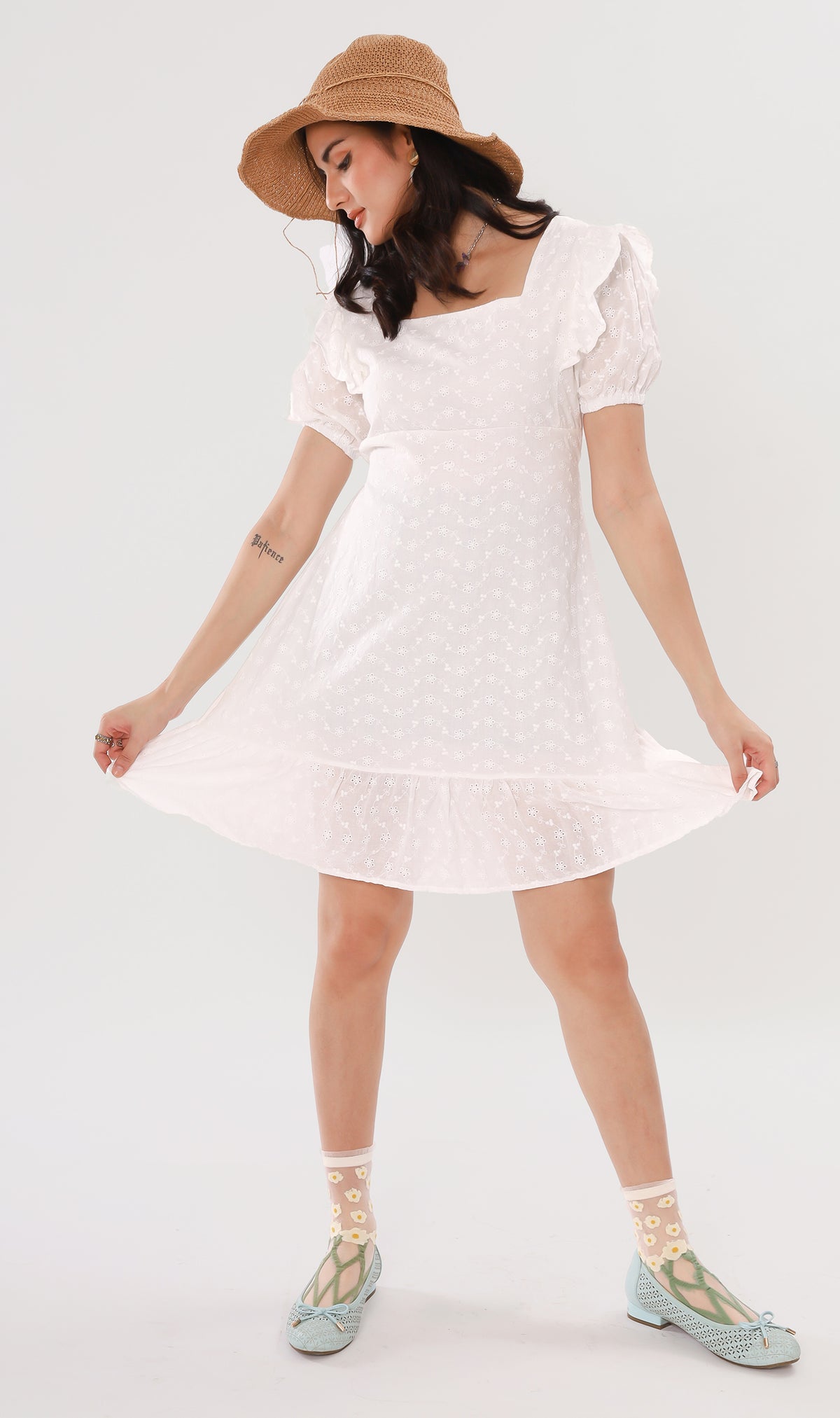 YUKI Ruffled-Sleeve Eyelet Dress