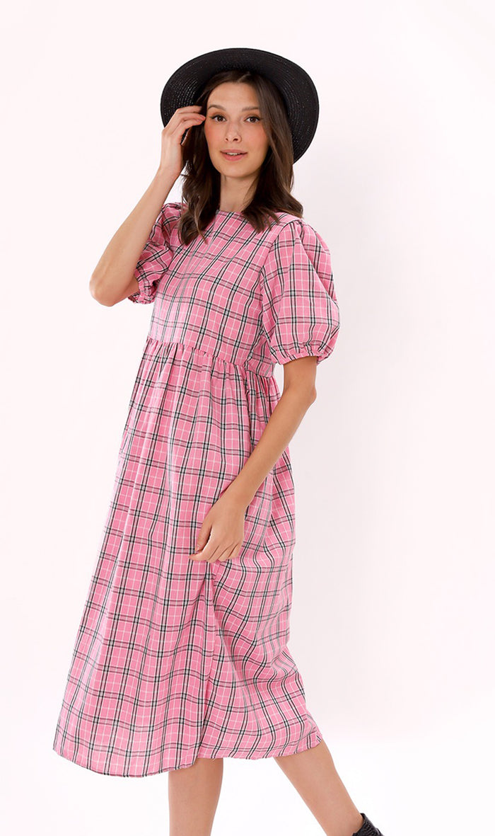 HAISLEY Puff-Sleeve Plaid Maxi Dress (Pink)