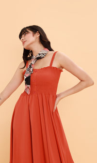 GENEVIEVE Smocked Midi Dress (Fire Orange)