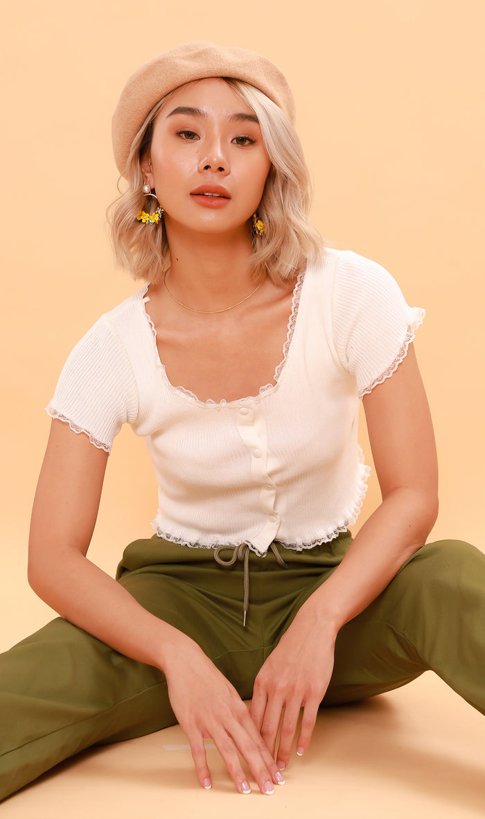 ABBY Lace-Trimmed Knit Crop Top (White)