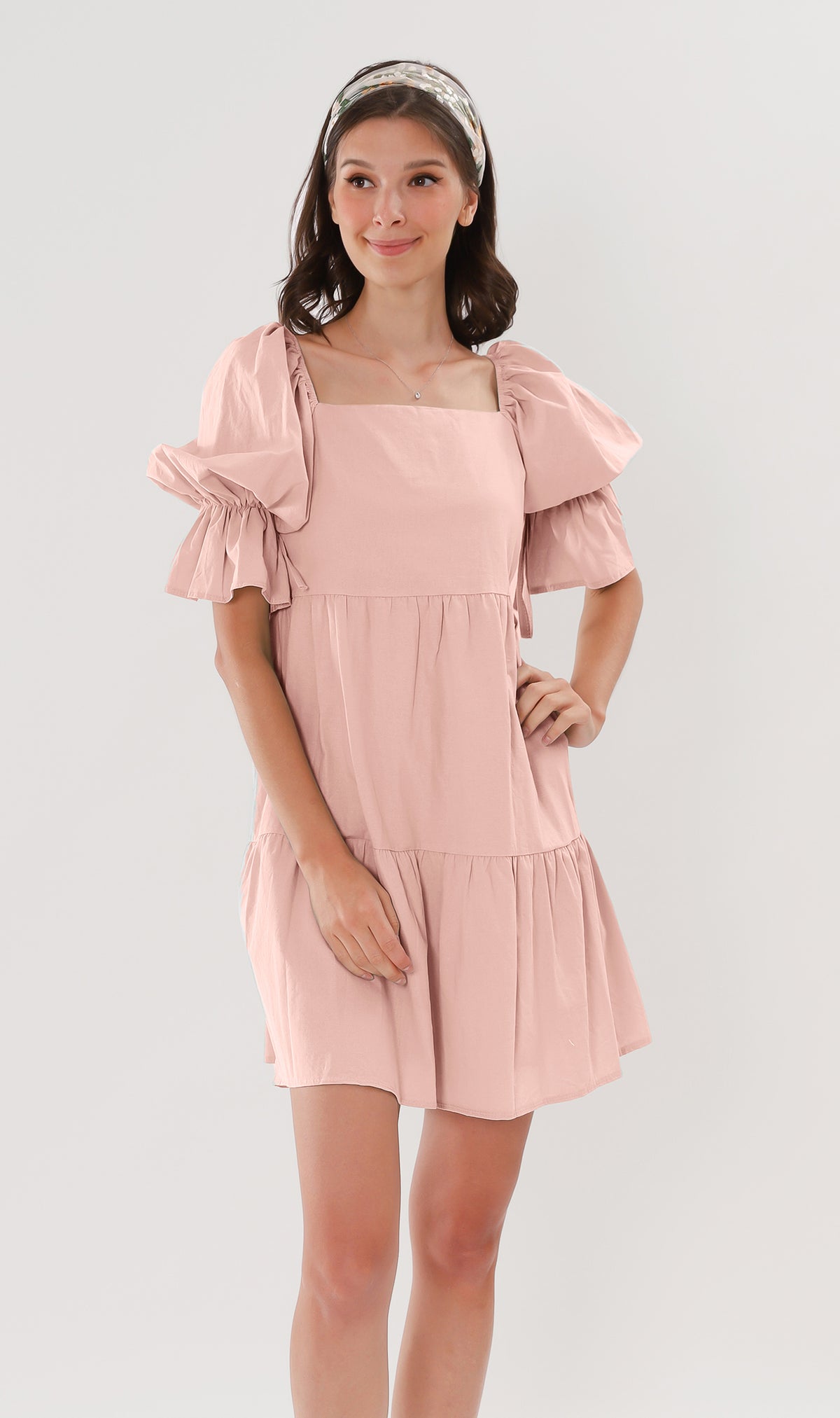 MADILYN Tiered Tie Puff-Sleeve Dress (Blush)
