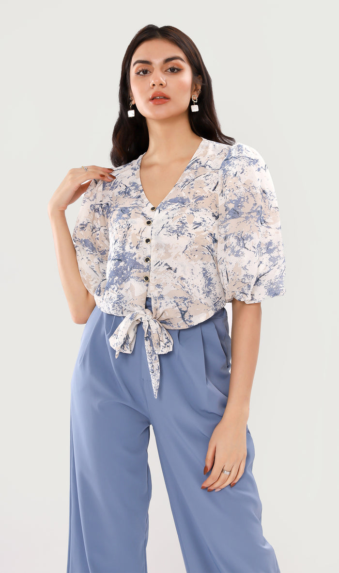 DEVIKA Tie-Waist Puff Sleeve Top (Blue)