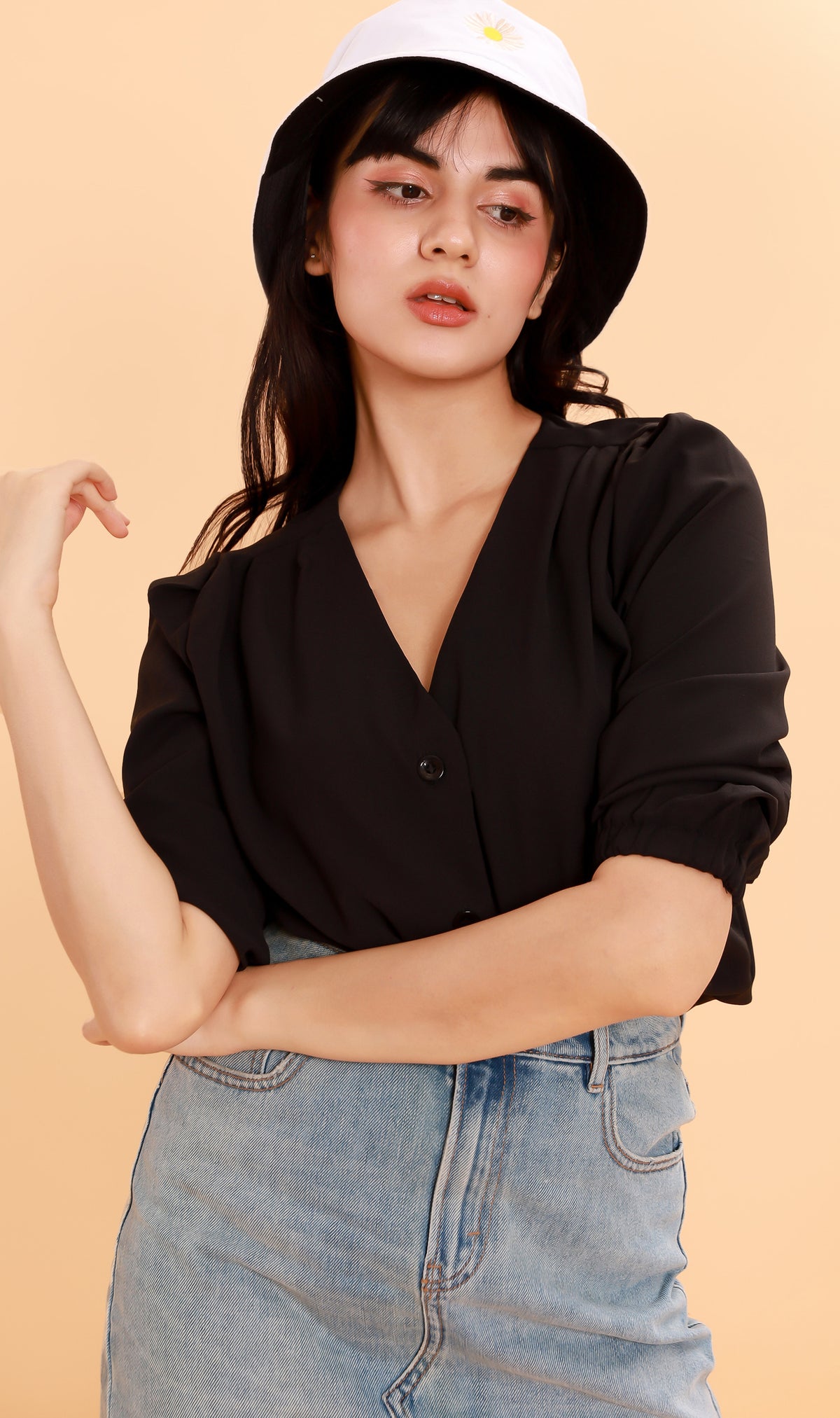 STELLA Button-Down Long-Sleeve Top (Black)