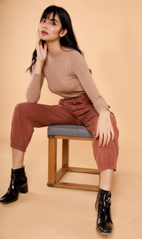 ROUX Mock-Neck Long-Sleeve Knit Top (Tan)