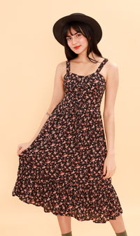 CRESSIDA Floral Lace-Up Midi Dress (Black)