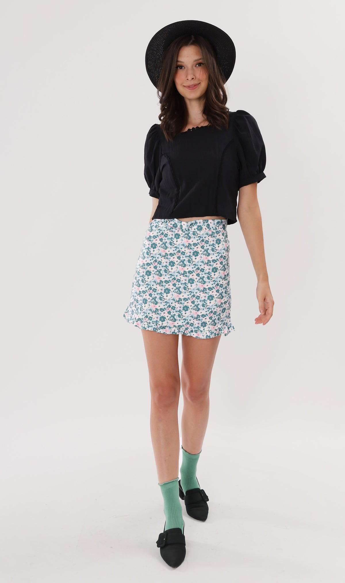 MOLLY Heart-Trimmed Puff-Sleeve Top (Black)