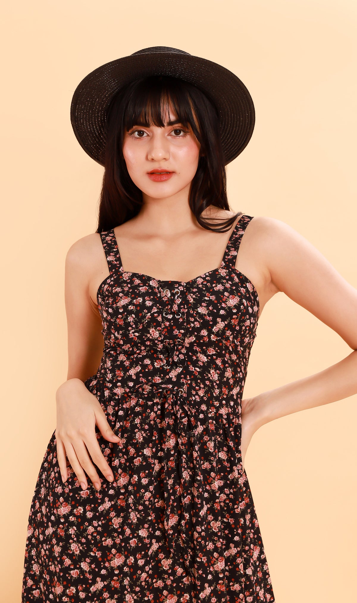 CRESSIDA Floral Lace-Up Midi Dress (Black)