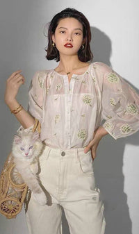FLEUR Sheer Long-Sleeve Top (White)
