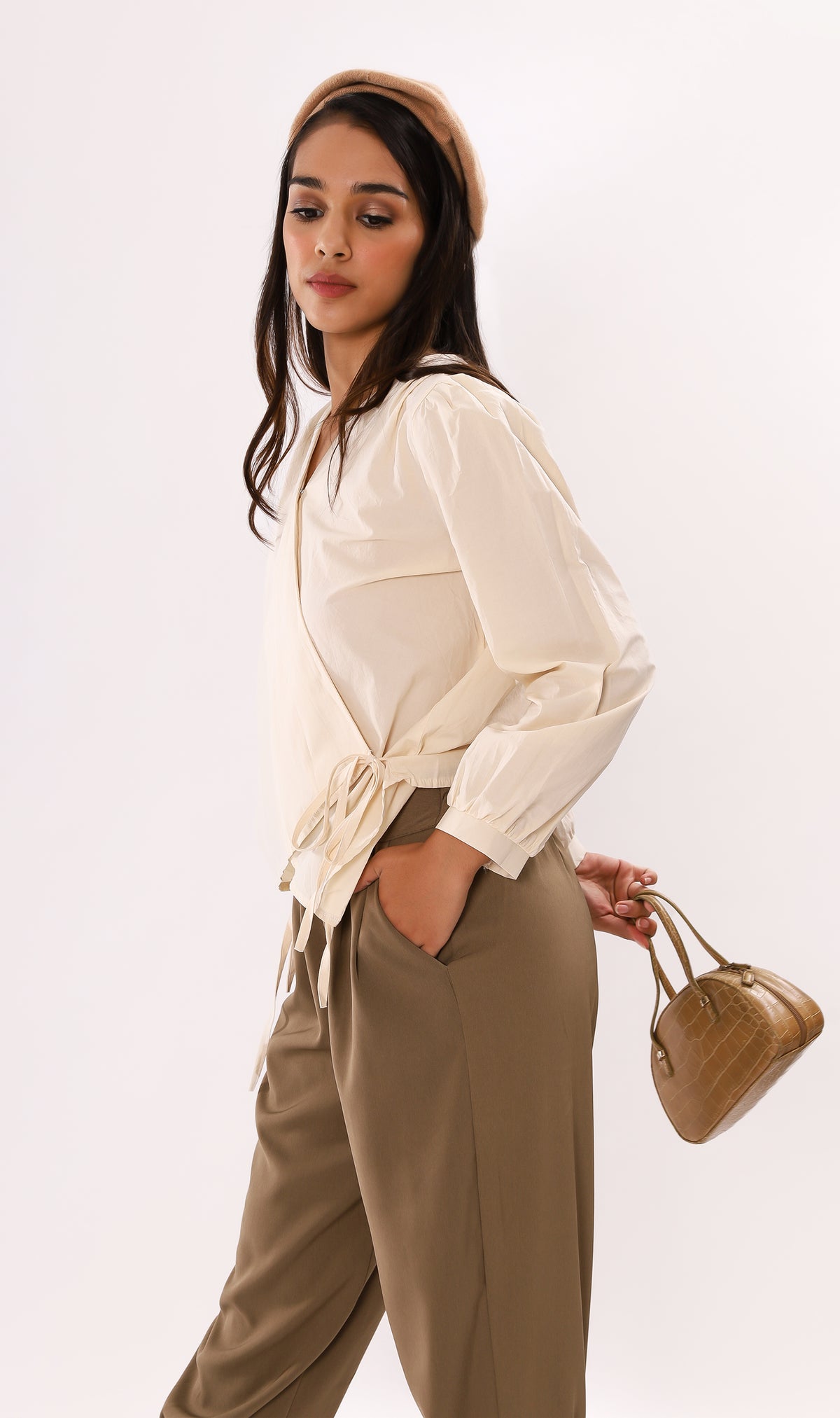 DESI Wrap-Front Long-Sleeve Top (Cream)
