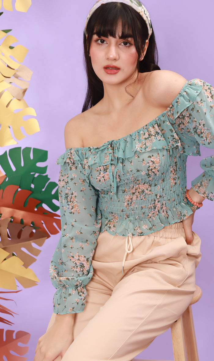 MARINA Long-Sleeve Frill Top (Pale Turquoise)