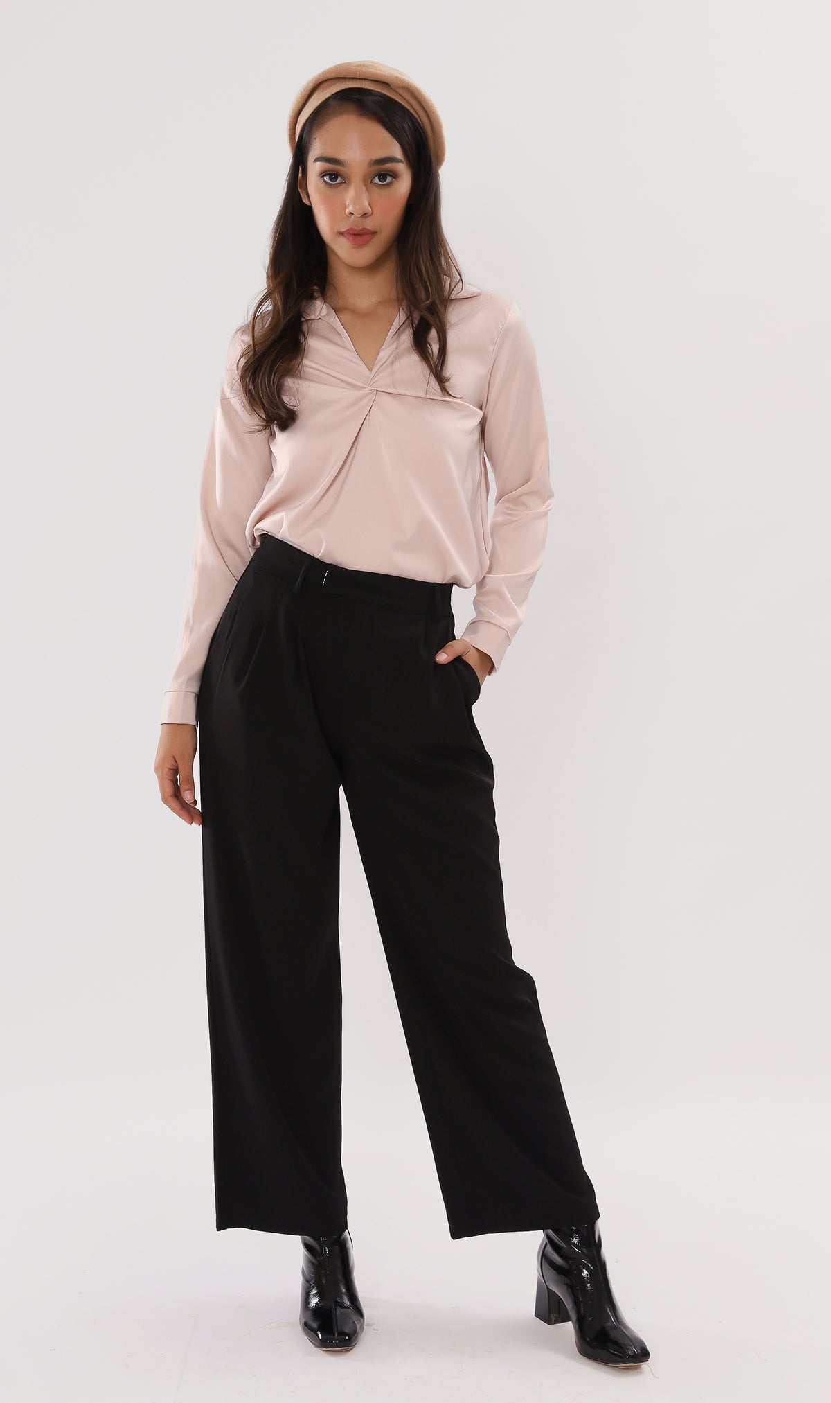 ELLIS Ruched-Front Collared Top (Champagne)