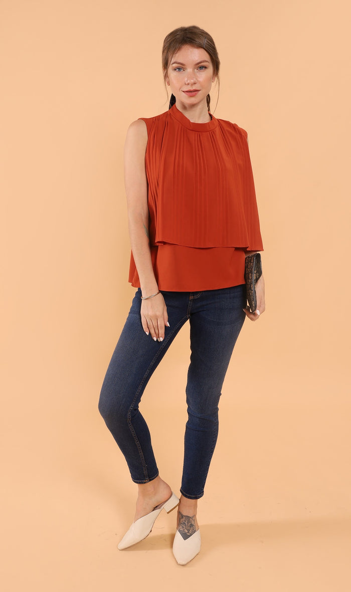 GEMMA Pleated Mock-Neck Top (Rust)